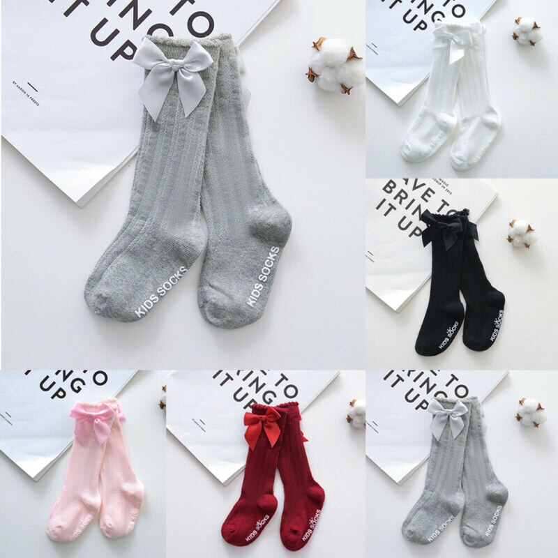 Baby Zomer Kleding Kids Peuters Meisjes Grote Boog Knie Hoge Lange Zachte Katoenen Kant Babysokjes Strik Katoenen Sokken