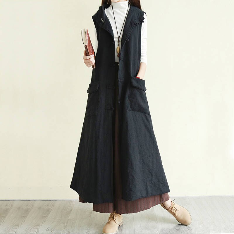 Vintage ethnique à capuche longue gilet femmes en vrac grande poche travail manuel Art grande taille sans manches veste dames Colete