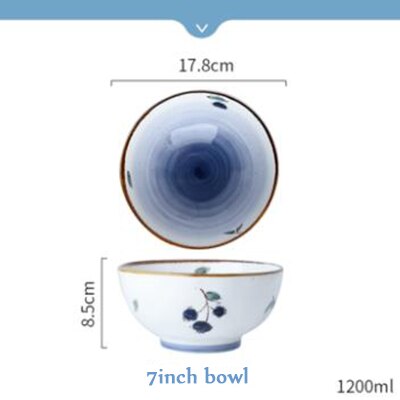 Home Gold Edge Blueberry Ceramic Tableware Heatable Oven Plate Soup Bowl Food Plate For Bread Noodles Salad Bakeware: 7inch bowl