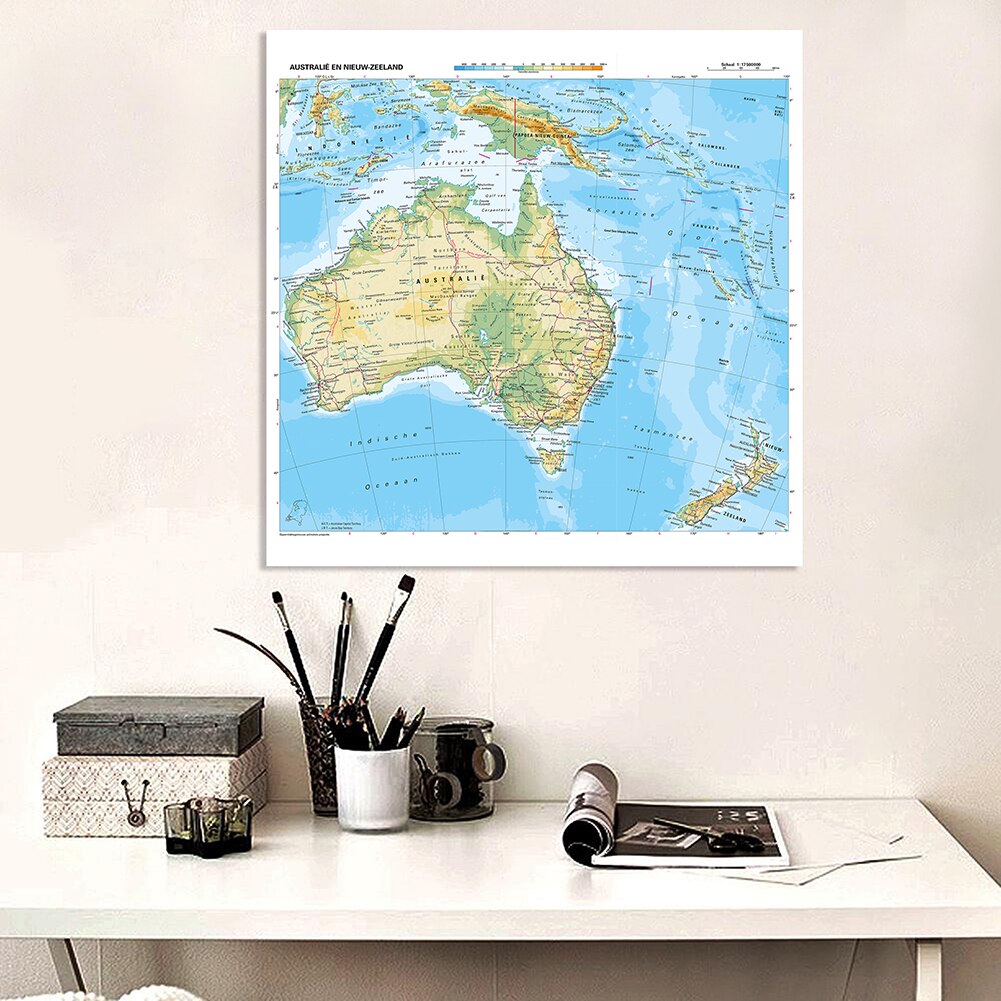 150*150cm Topographic Map of Oceania In Dutch Wall Poster Vinyl Canvas Painting Classroom Home Decoration School Supplies