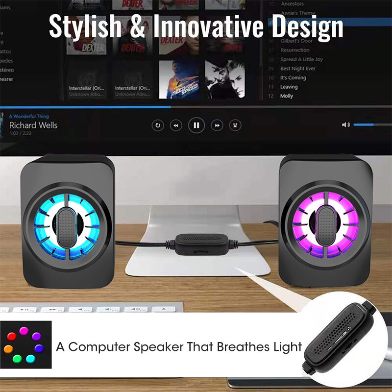 4D Computer Speakers Colorful RGB Light Stereo Surround Soundbar Bass Subwoofer Speaker for Laptop PC Home Theater Small Speaker