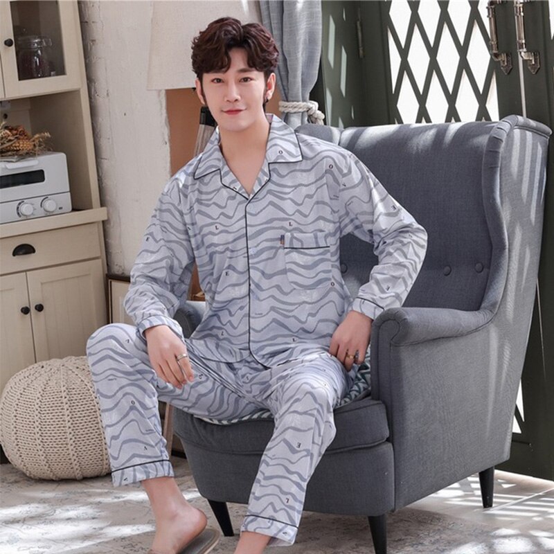 Herre langærmet pyjamas mand løst hjemmenatdragt herre stribet natkjole herre skjorte & buksesæt nattøj loungewear sovesæt: L