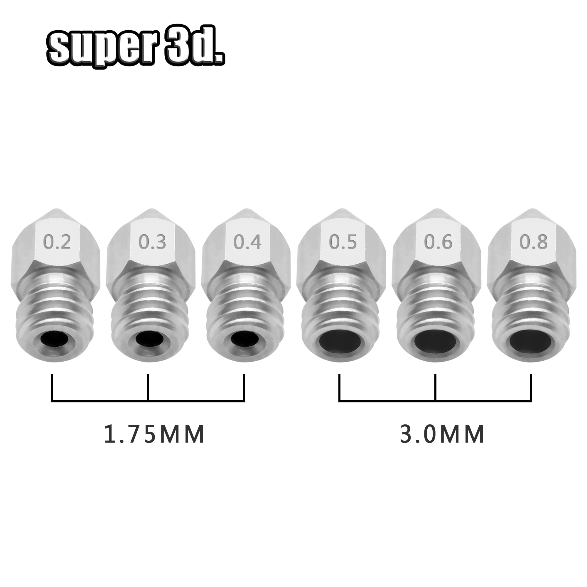 5pcs MK8 Nozzle 0.2/0.3/0.4/0.5/ 0.6/0.8mm 3D Printers Parts Extruder Threaded for 1.75/3.0mm Filament Stainless Steel Part