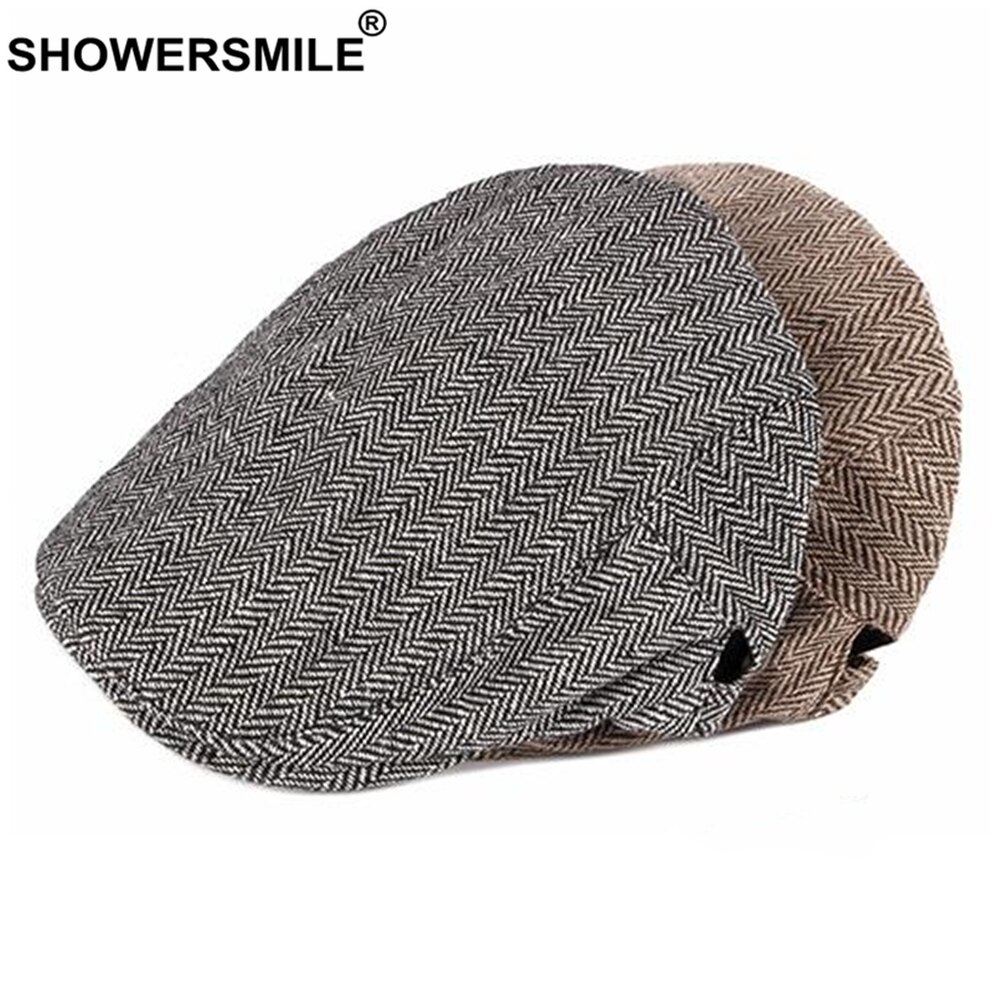SHOWERSMILE Flat Cap Mens Beret Herringbone Irish Cap British Style Vintage Male Adjustable Black Gray Spring Autumn Cabbie Cap