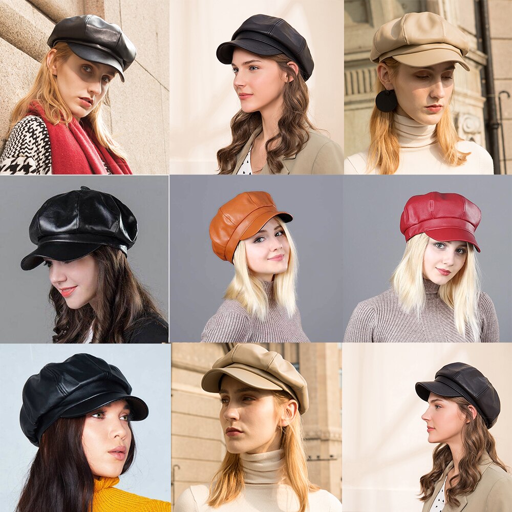 Welrog kvinder pu peaked beret cap piger retro ensfarvet ottekantet cap vinter efterår malere hatte klassiske imiteret læder baret hatte