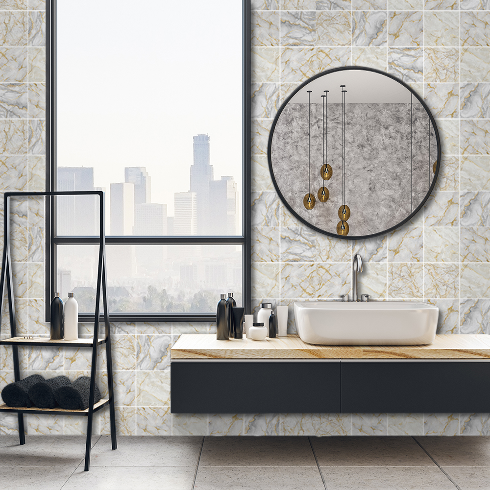 Funlife® White and Gold Marble Tile sticker Peel &amp; Stick Removable Wallpaper Kitchen Backsplash Waterproof Self-Adhesive kitchen