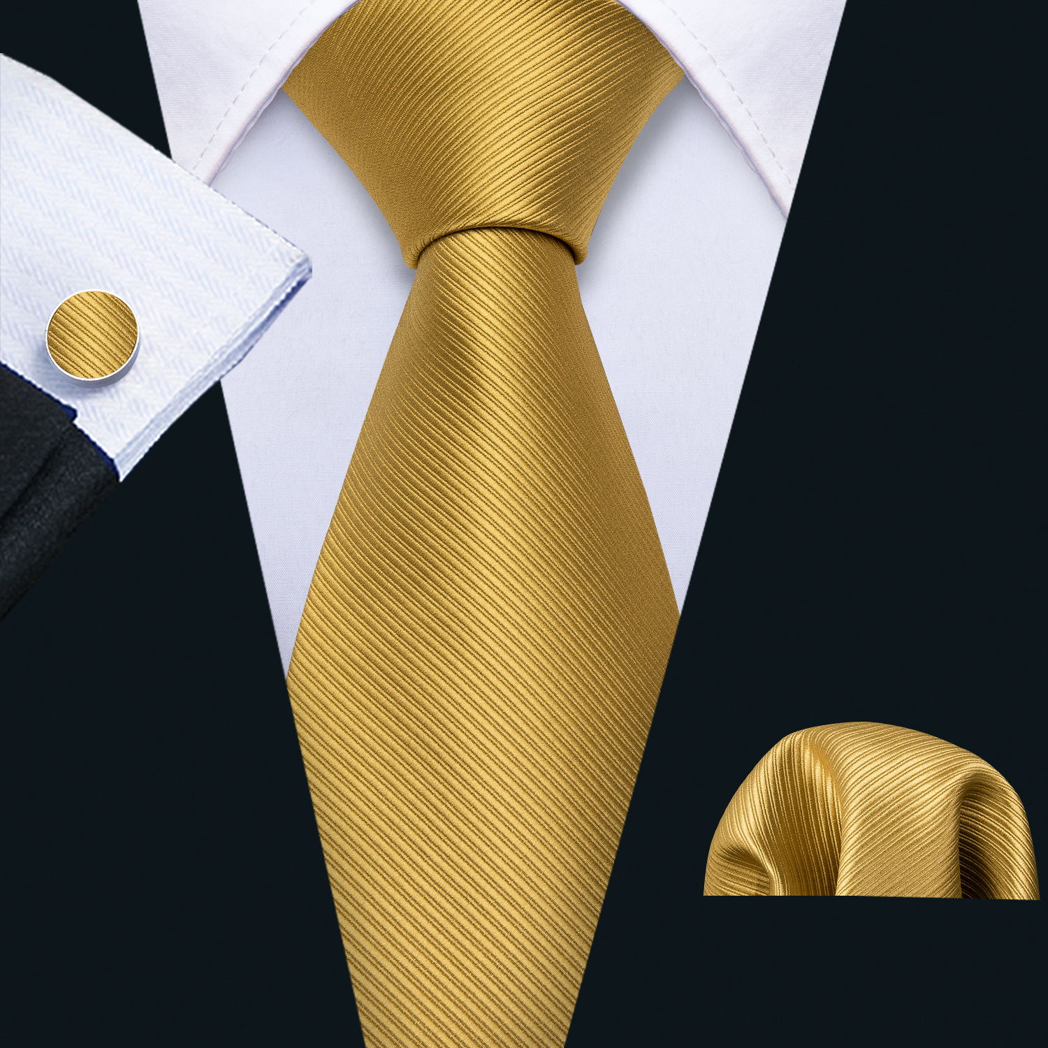 Classic Gold Silk Men Necktie Stripe Handkerchief Cufflinks Set Wedding Male Ties Business Party Barry.Wang: black