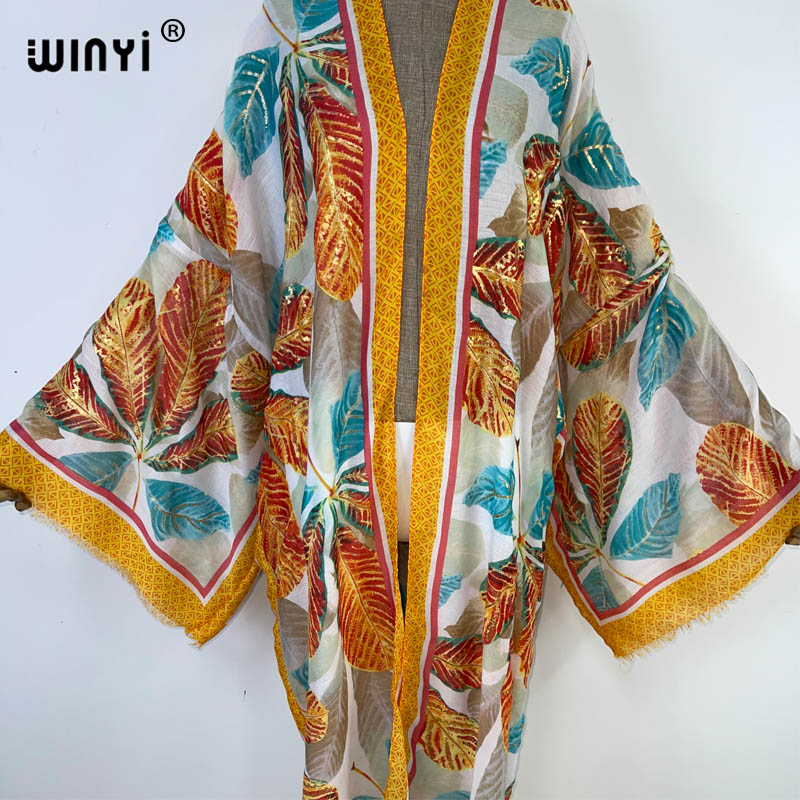 Winyi 2023 sommer-cardigan mit goldenem print aus baumwolle, locker geschnitten, langes kleid, boho-maxikleid, strandkleid, überwurf für badebekleidung