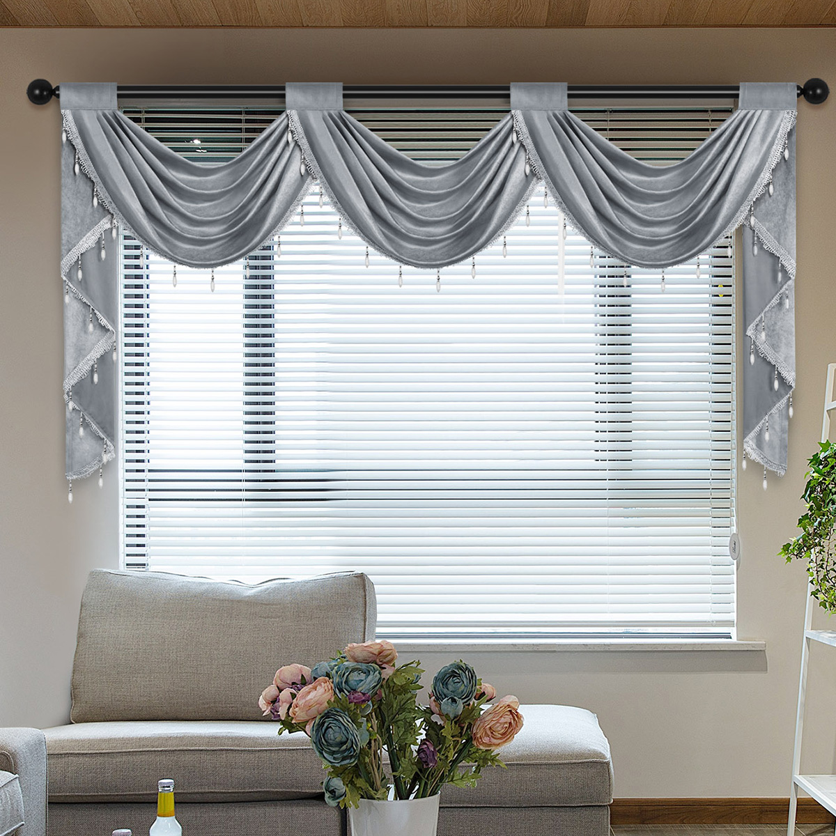 Rideau cantonnière de luxe européen, poche pour tringle, tissu en velours italien doux, tête de rideau de couleur unie pour salon et chambre à coucher, 1 pièce: Gris clair