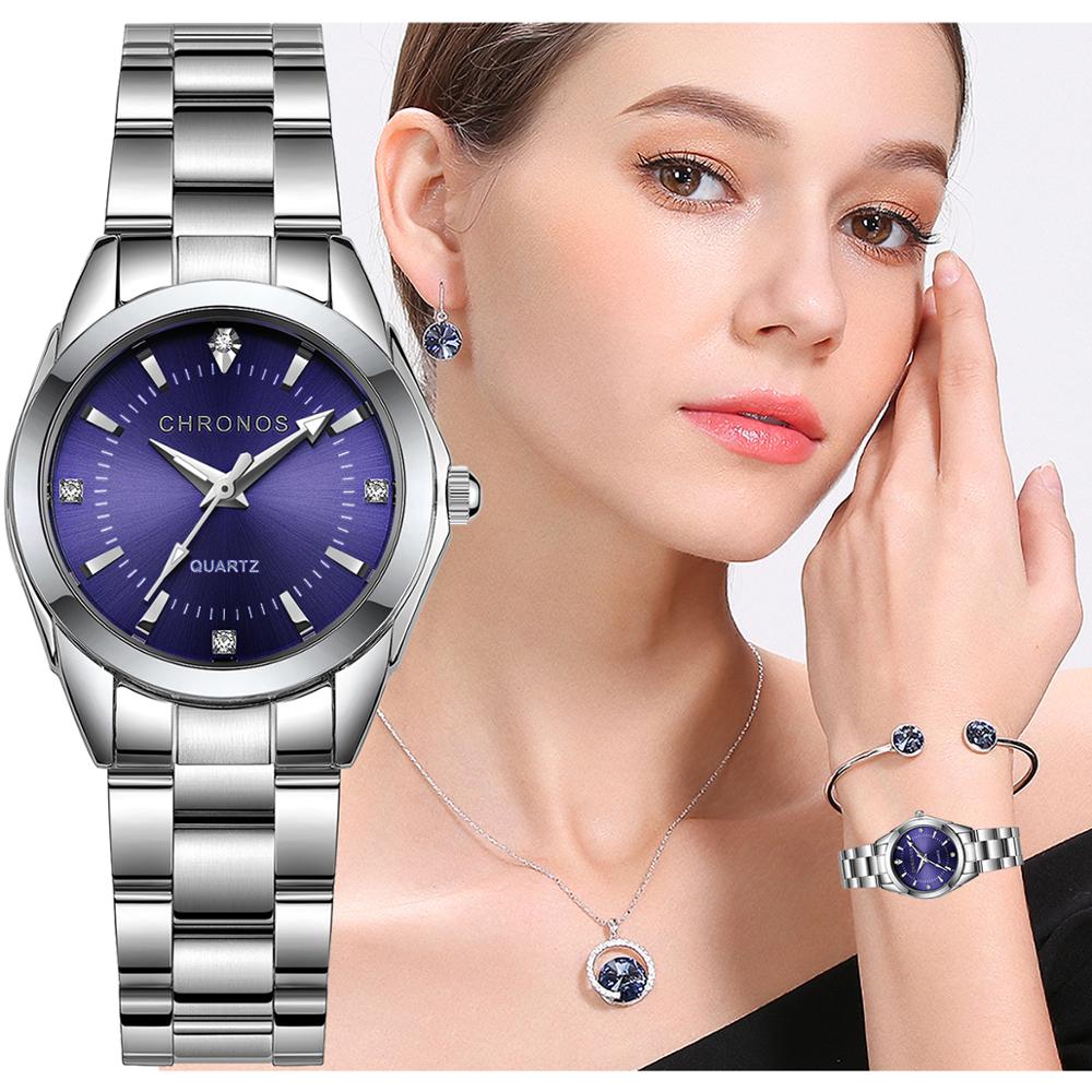 Chronos Vrouwen Rvs Strass Horloge Zilveren Armband Quartz Waterdicht Lady Business Analoge Horloges Roze Blauwe Wijzerplaat