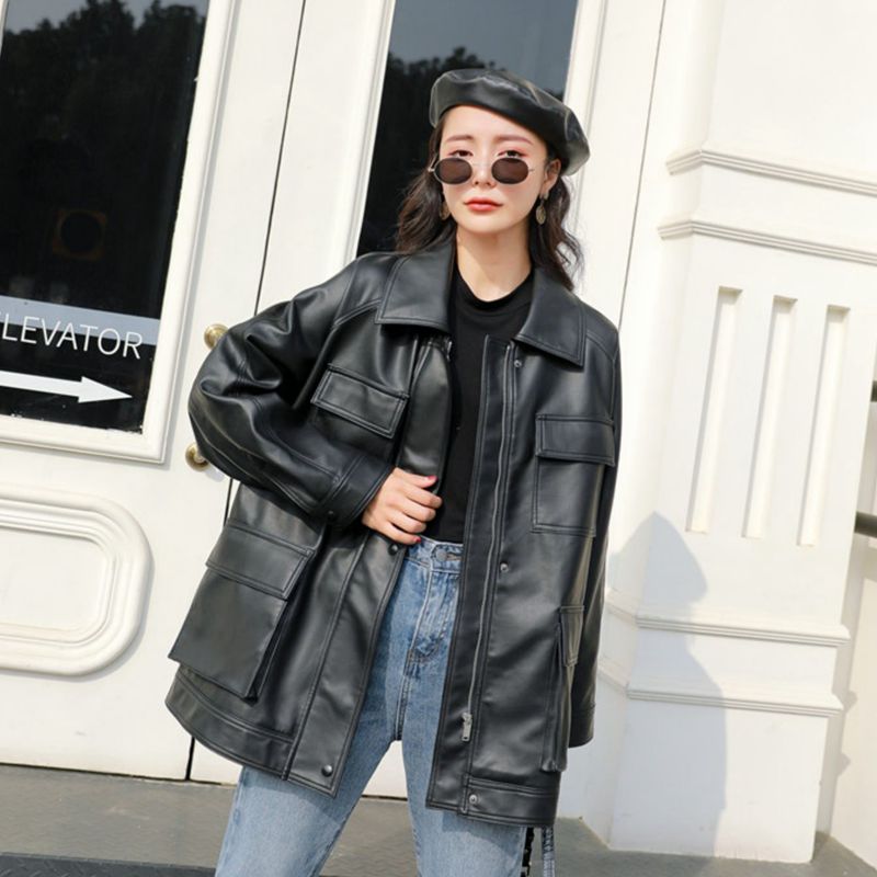 Fmfssom vår höst fyra stora fickor chic lös biker bf vintage kvinnor dam pu skinnjacka skinn moto jacka