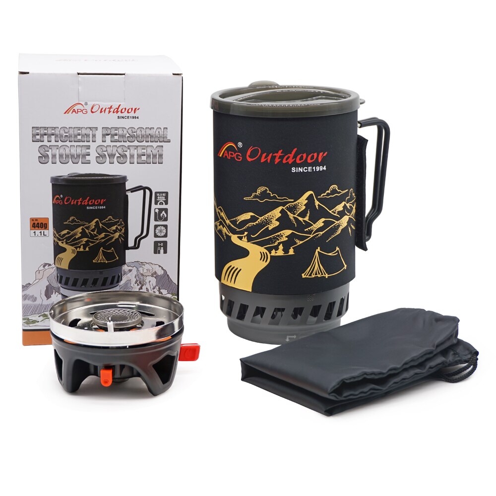 Apg Draagbare 1400Ml Koken Systeem Outdoor Wandelen Camping Kachel Warmtewisselaar Pot Propaan Gas Branders