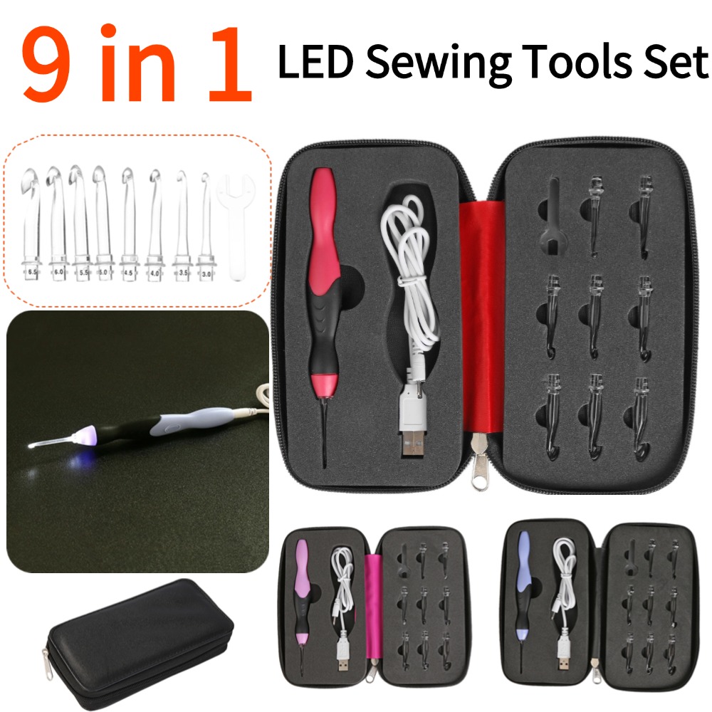 9-in-1 USB leuchtende Häkelnadeln Stricknadeln LED Nähwerkzeuge einstellen DIY Weben zur Seite fahren Werkzeug Bausatz