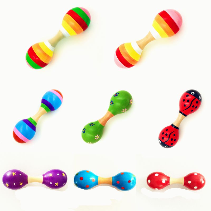 Double tête colorée en bois Maracas bébé enfant Instrument de musique hochet Shaker pour jouet de fête 634F