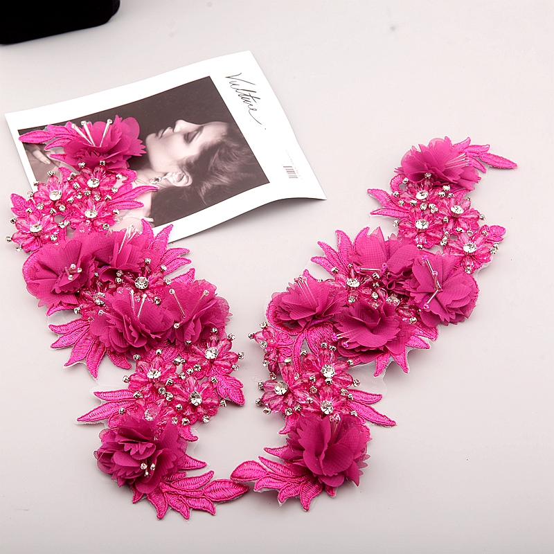 10 Color Beaded Sequins 3D Decals Mirror Flower Lace Fabric Evening Dress Front Chest Back Applique Patch Decoration: Red