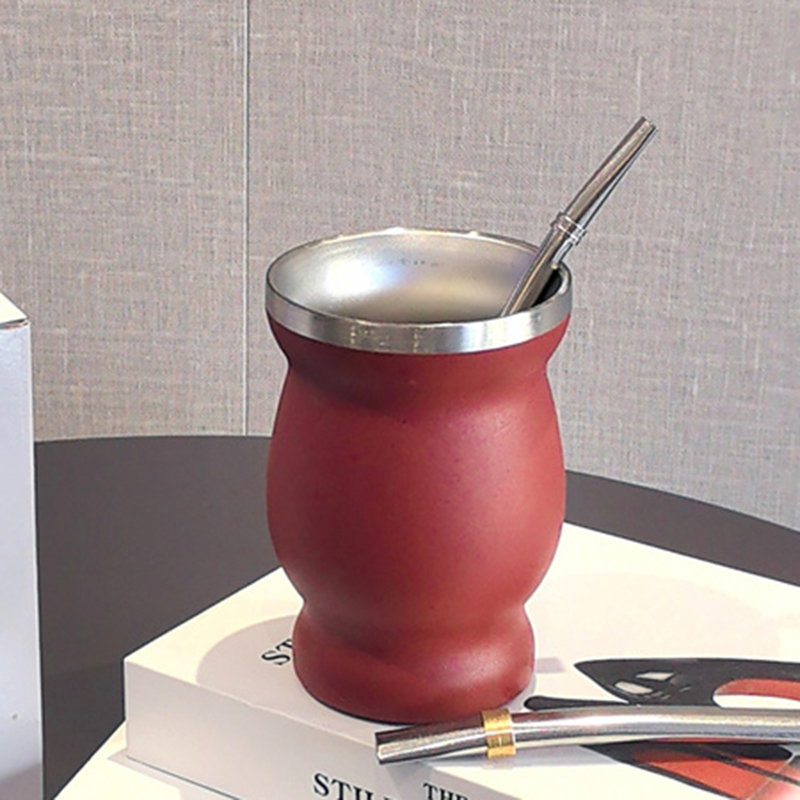 1 Set Yerba Mate Cup 304 Roestvrij Staal Dubbelwandige 8 Oz Yerba Mate Kalebas Cup Met Stro Lepel En Reinigingsborstel theewaar Sets: Licht Geel