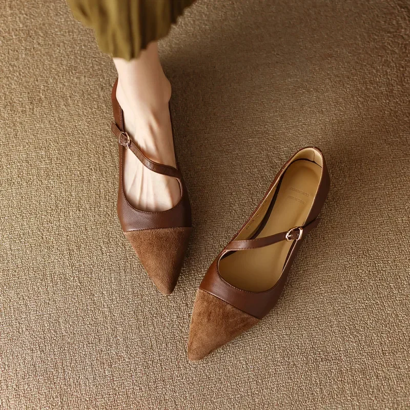 Ballerines rétro pointues pour femmes, Parker, chaussures simples, un mot, strucrond, Mary, chaussures à essence, plates, 2025: Kaki / 36