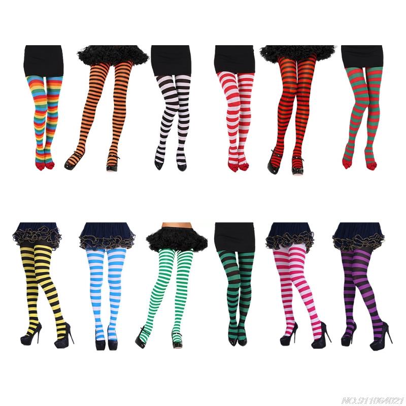 Women Girls Rainbow Multicolor Striped Tights Opaque Stockings Full Length Slim Pantyhose for Christmas Halloween Cosplay au20