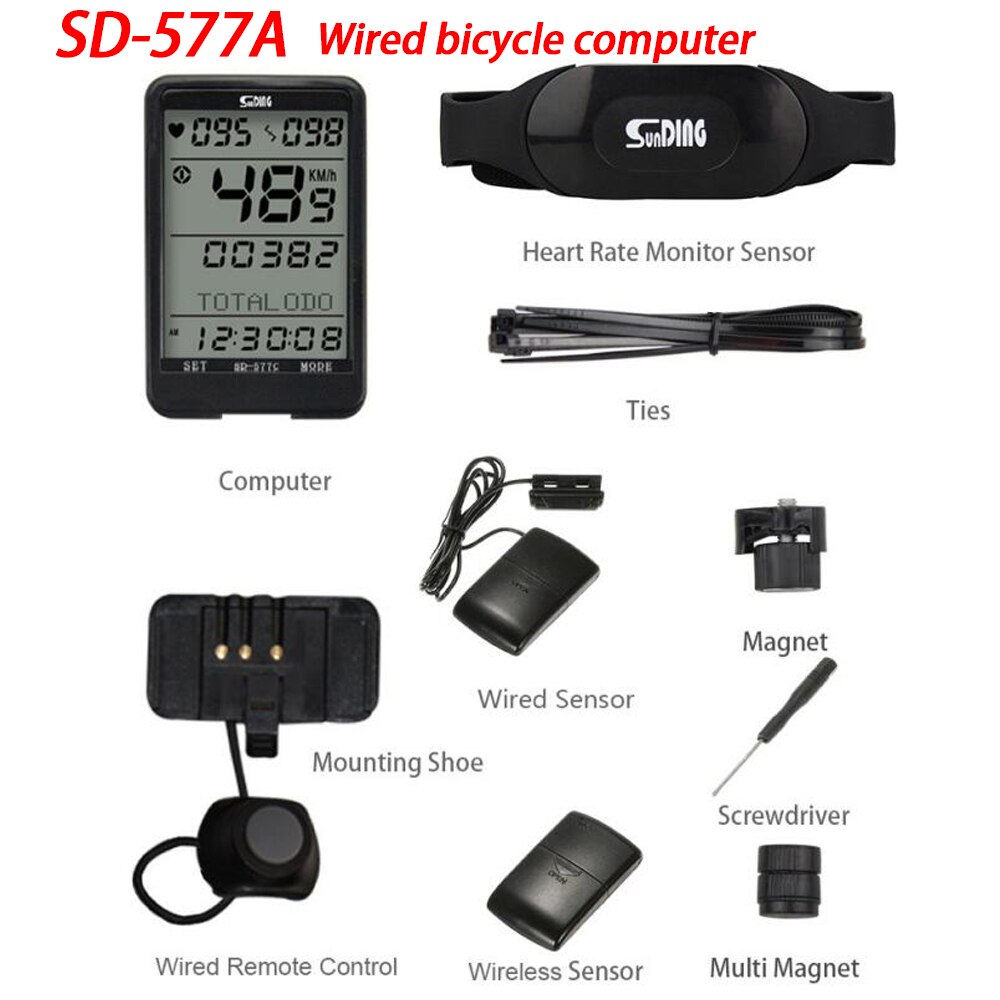 Sunding SD-577C vélo ordinateur sans fil chronomètre vtt vélo cyclisme odomètre chronomètre vélo compteur de vitesse avec LCD 577A filaire: SD-577A Wired
