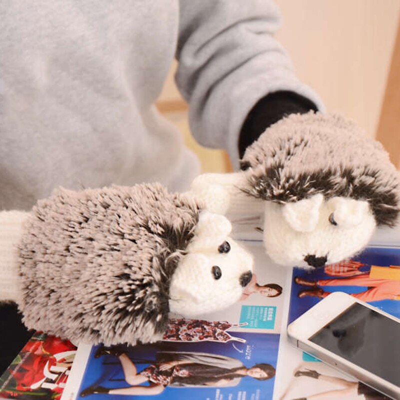 Słodki kreskówka zwierząt jeż jesień grube ciepłe zimowe rękawiczki studenci panie dziewczyny Kawaii pełna palec dzianiny na rękawiczki damskie