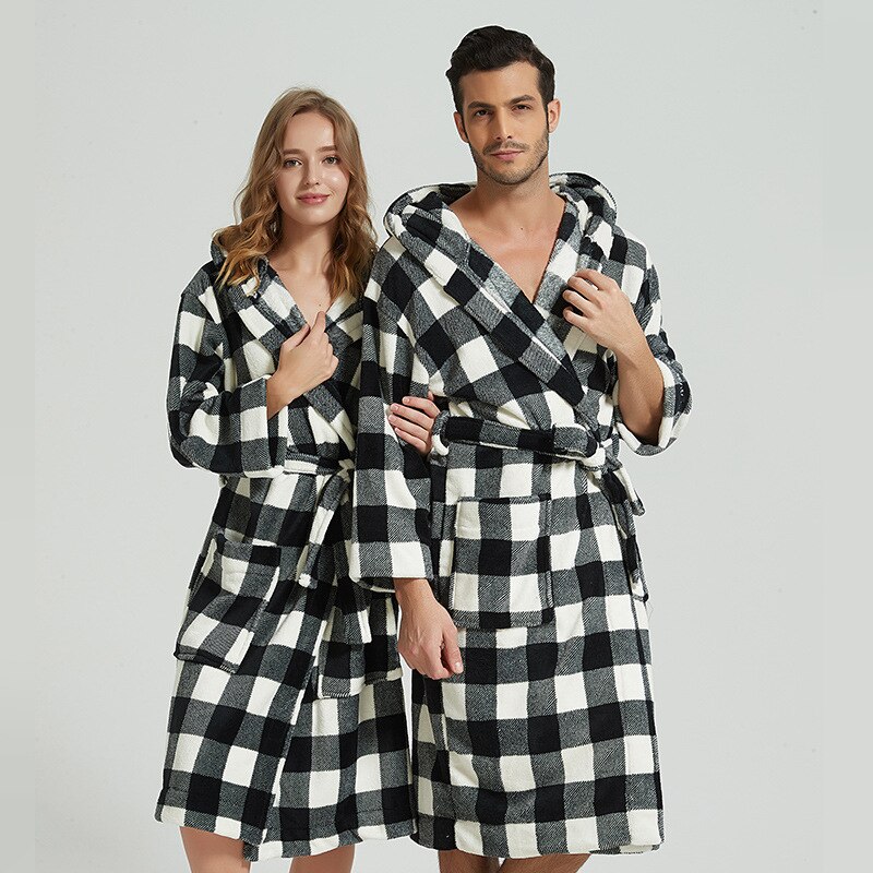Bata de baño de franela con capucha para hombre y mujer, pijama de longitud media a cuadros, bata de dama de honor con cordón, Otoño e Invierno