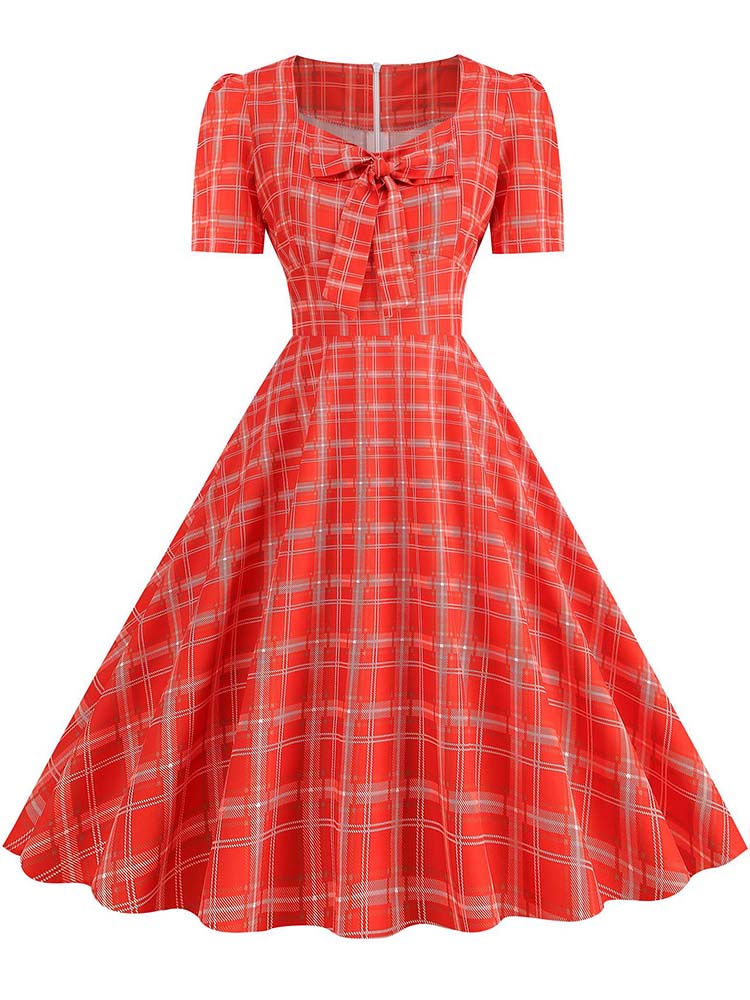 Grønne rutete swing festkjoler kvinner vintage firkantet krage korte ermer casual sommerkjole