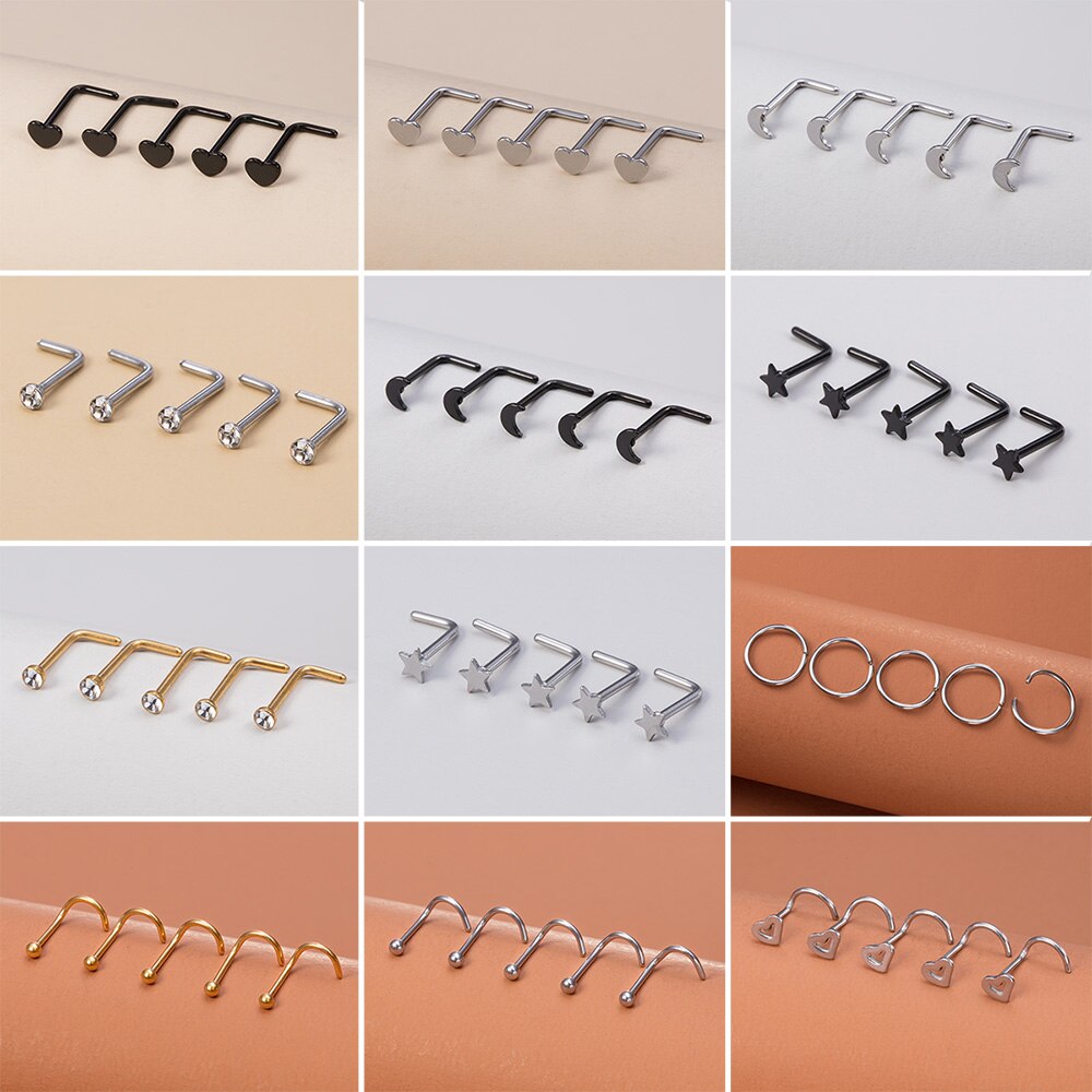 5 uds anillos de nariz para mujer 20G tornillo nariz Stud corazón Luna estrella bola Acero inoxidable narina Piercing tabique cartílago joyería