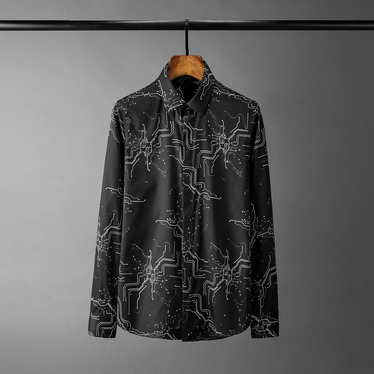 Lyxiga 100% - bomulls elektroniskt tryckta långärmade skjortor för herr plus storlek 4xl slim fit festmankappor: Svart / 4xl