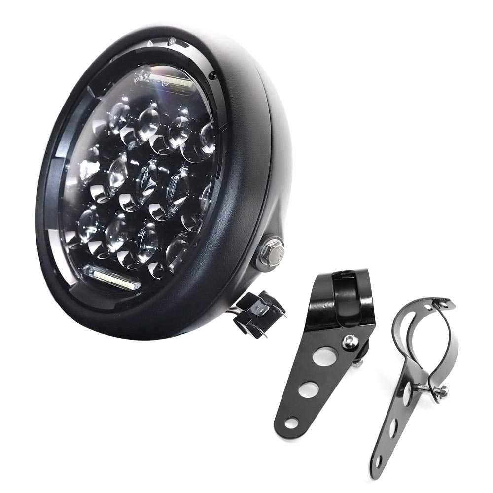 Qiilu motorfietskoplamp, 7 universele 12V H4 35W ronde motorfiets gele LED-koplamp met zwarte beugel
