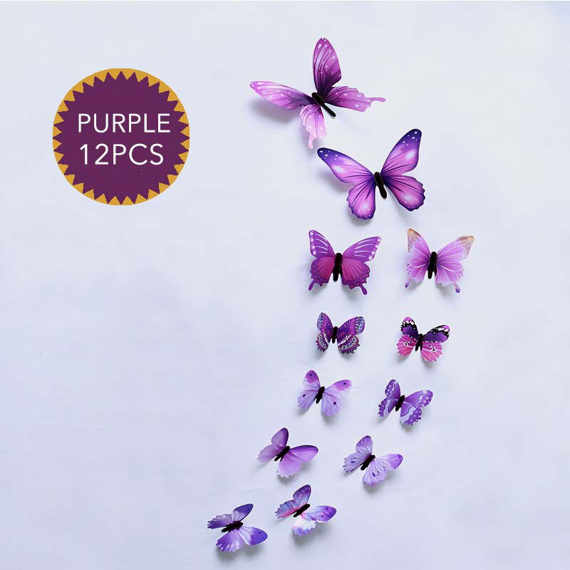 12 pièces lumineux 3D papillon Stickers muraux décor à la maison bricolage lueur dans le noir autocollant autocollant pour enfants chambre décoration de fête de mariage: Purple