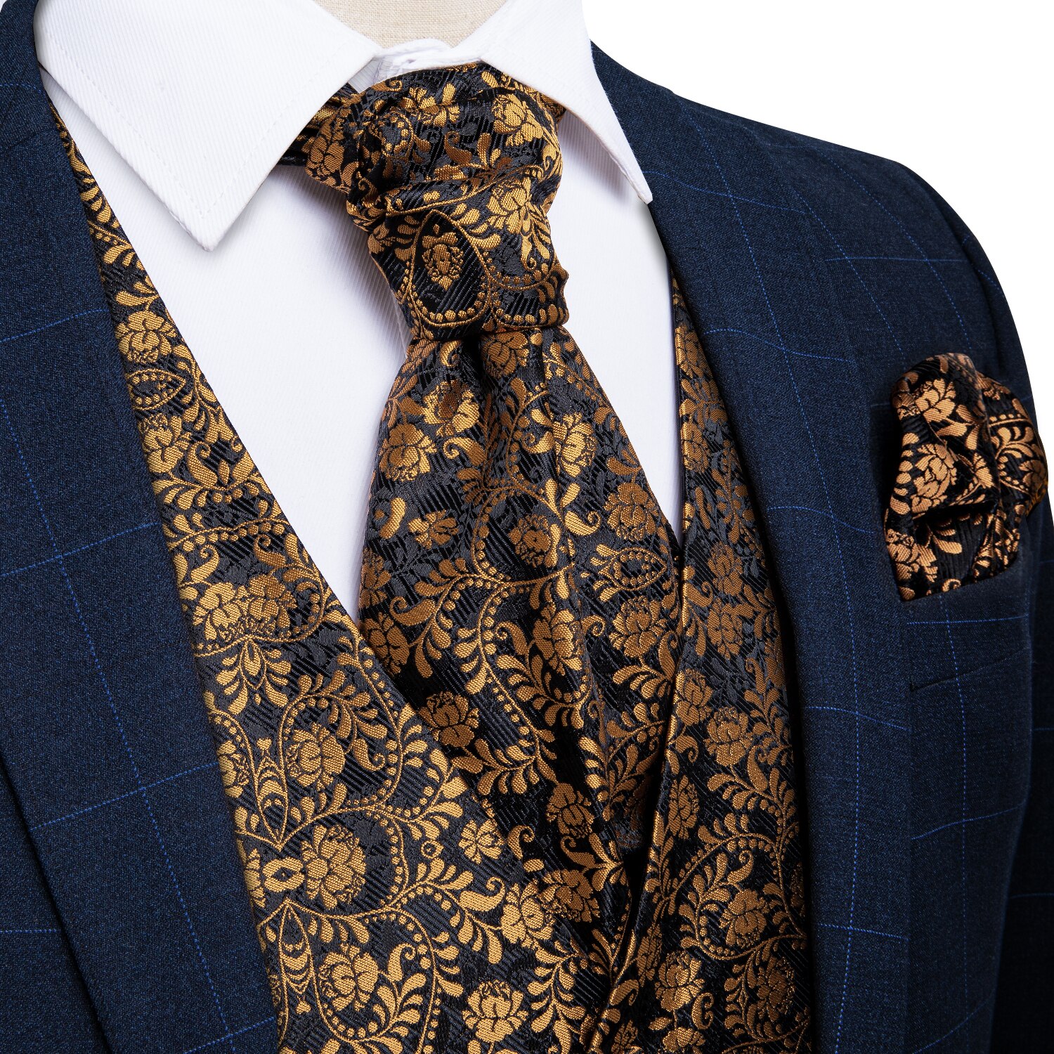 Kostym väst herr väst guld blommig siden bröllopsväst ascot slips näsduk set formell klänning ärmlös jacka dibangu: Vj0126-2006 / 3xl