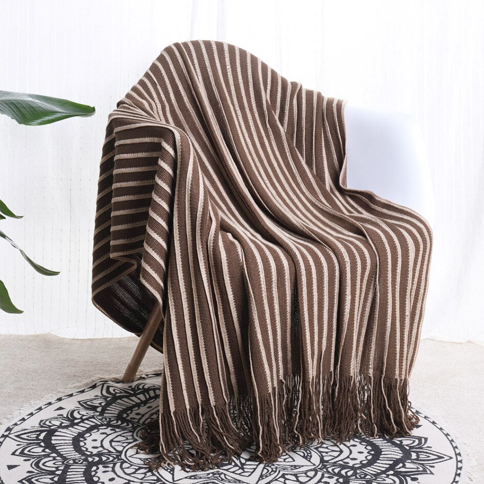 Yaapeet 100% Acrylic Striped Throw Blanket Lightweight Cozy Blankets and Throws for Sofa with Tassels Decorative Bed Blanket