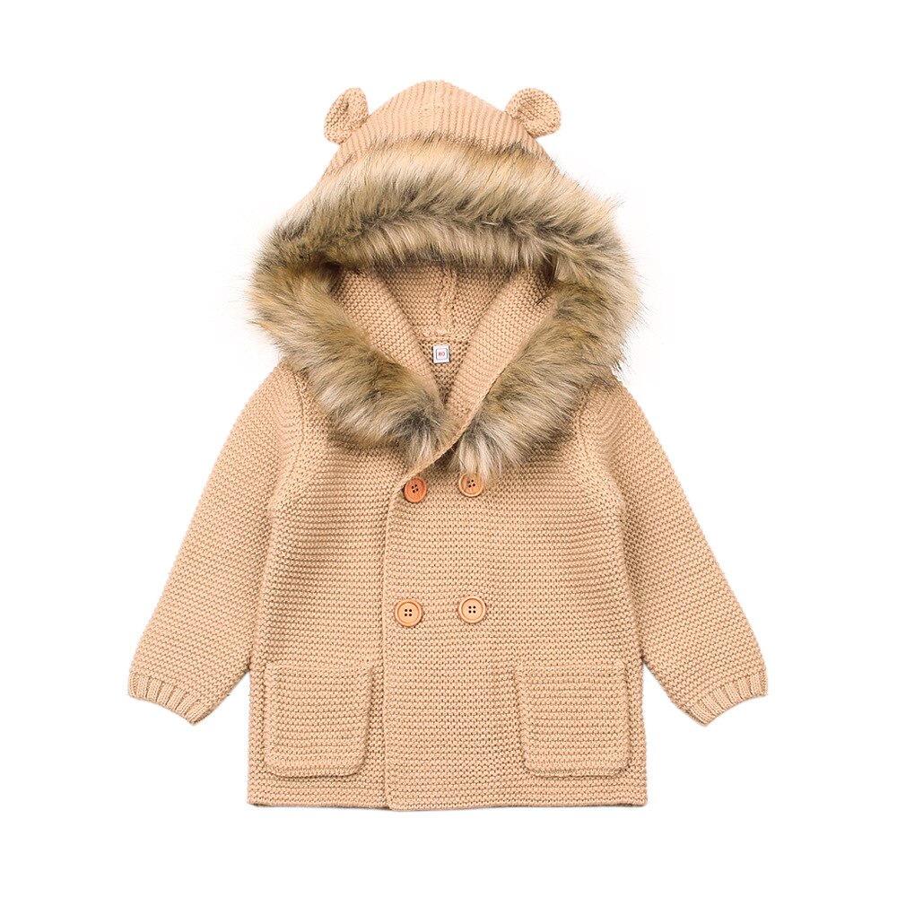 Babykleding kindertruien jongens capuchon bontkraag gebreide jas lange mouwen herfst- en winterjas babymeisje winterjas