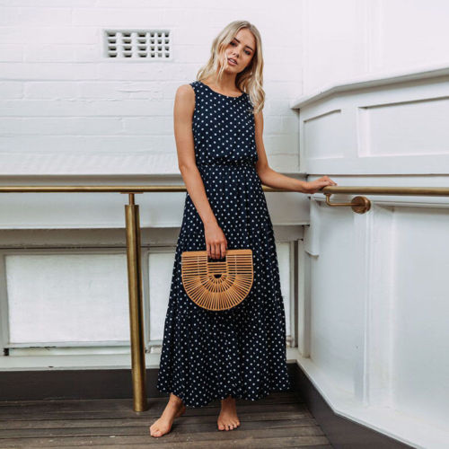 Bobo — Robe de longue et sans manches pour femmes, tenue de soirée et de plage ample, bleu foncé à imprimé pois, collection d&#39;été