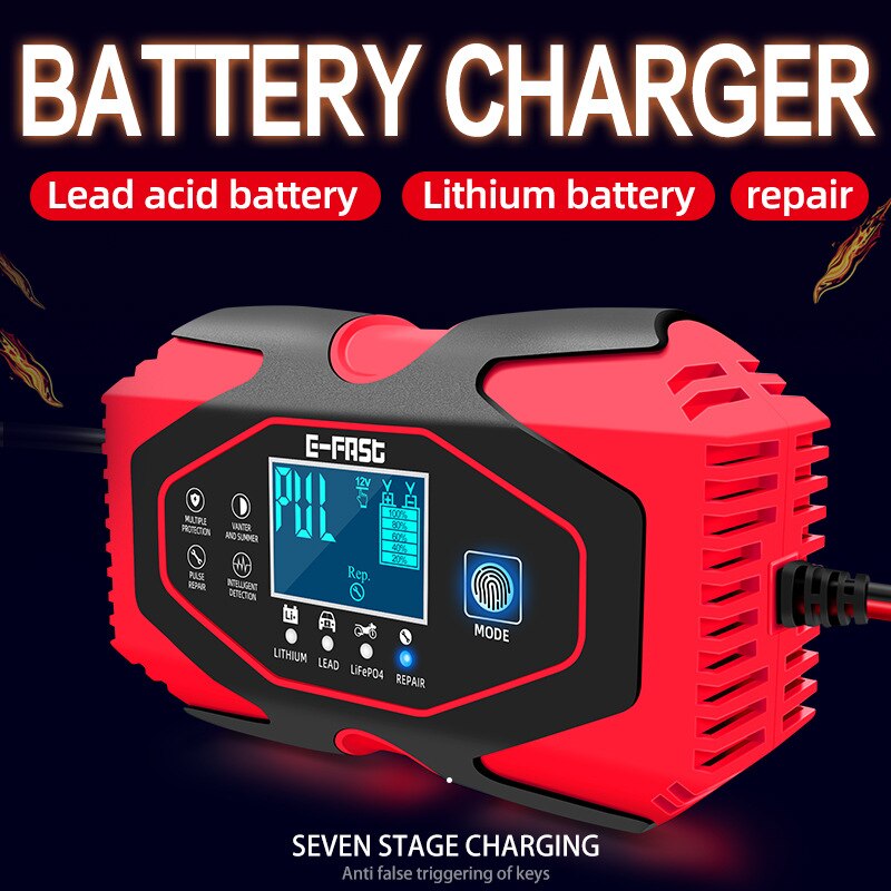 12V 24V Car Battery Charger LCD Display Lead-acid AGM GEL& Lithium LiFePO4 Battery Repair