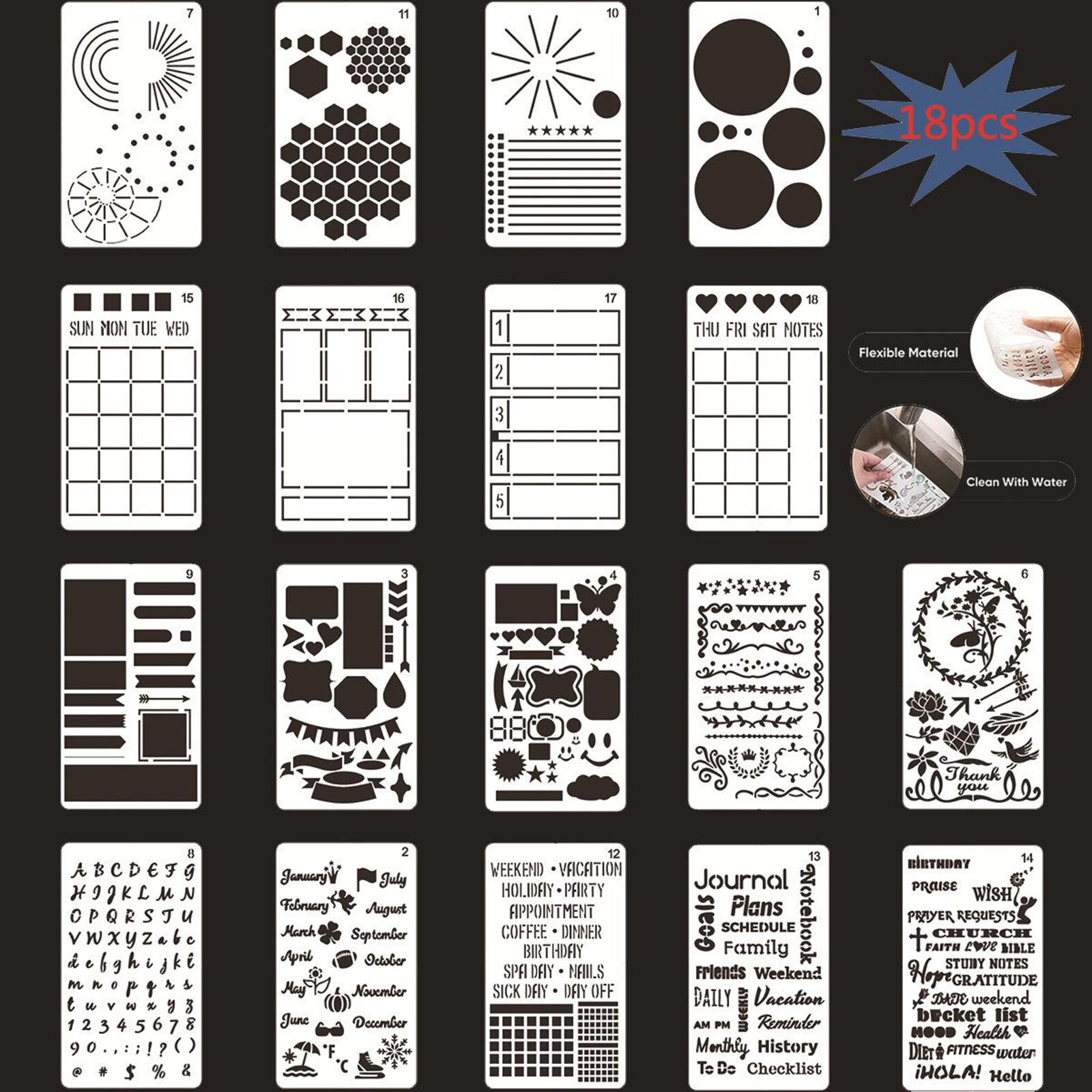 18 Pcs Plastic Stencils - 4" x 7" Plastic Planner Stencils Drawing Templates Set for Notebook, Diary, DIY Scrapbook