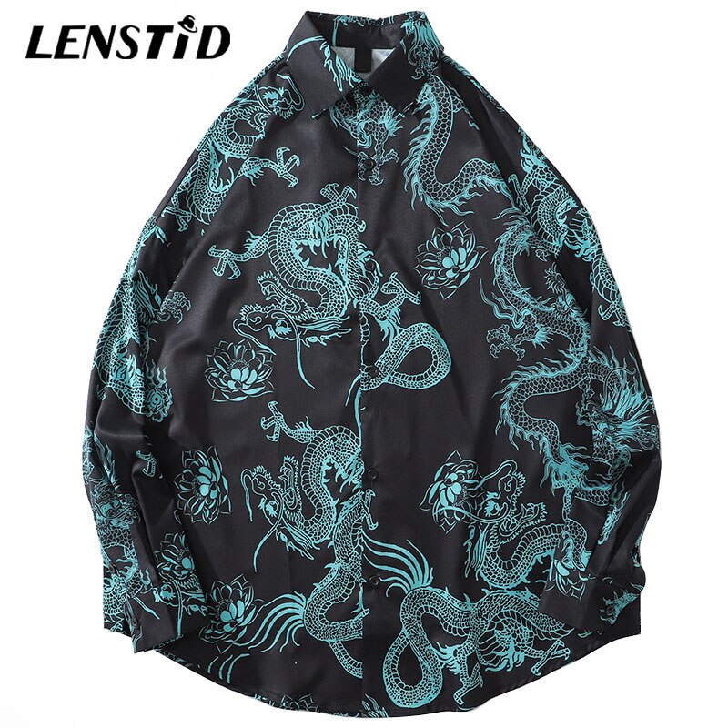 LENSTID Men Hip Hop Hawaiian Beach Shirt Dragon Lotus Print Harajuku Streetwear Casual Long Sleeve Oversize Aloha Shirts