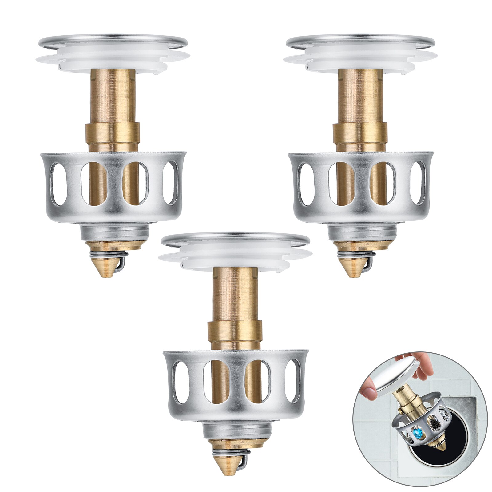 Wash Basin Bounce Drain Filter Universal Stainless Steel Push-Type Bounce Core Leaking Plug Accessories Kitchen Sink Seal Draine: 3PCS-a
