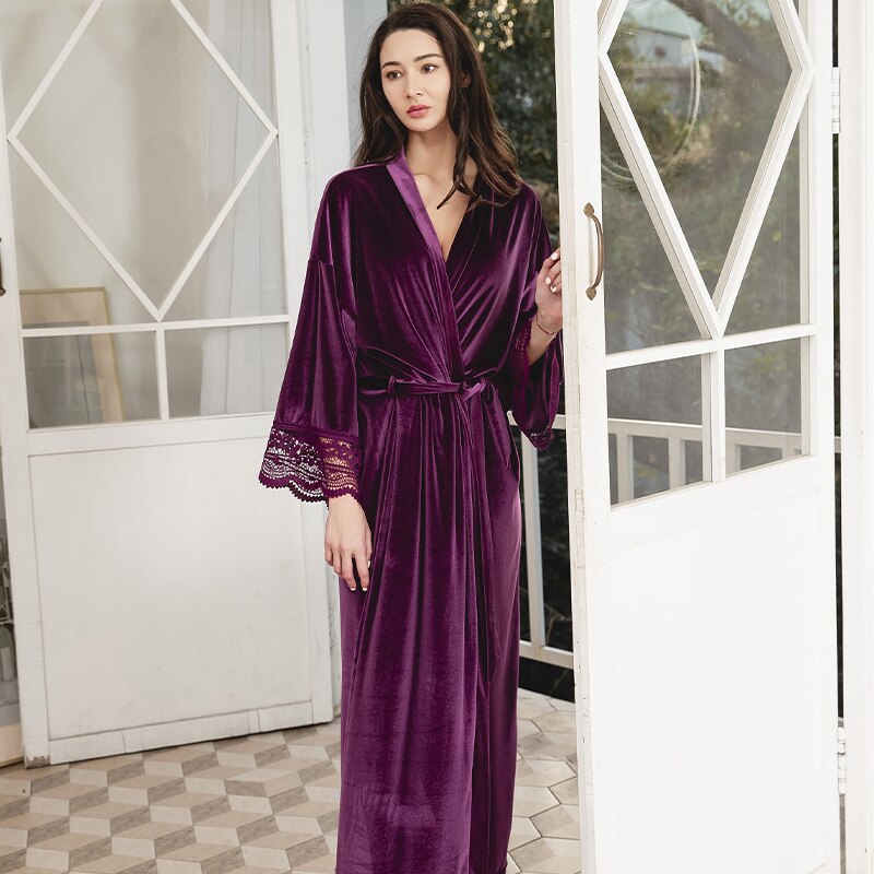 Bridesmai-Albornoz largo de terciopelo para mujer, bata de encaje para , suave, peluda, para boda, color morado