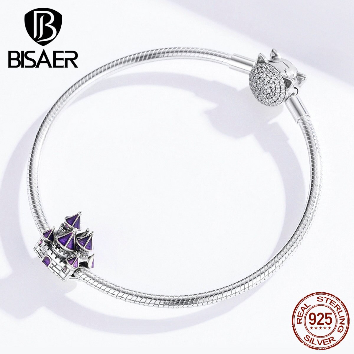 BISAER autentico argento Sterling 925 Princess Castle Charms Queen Castle Beads Fit bracciali smalto viola gioielli in argento EFC122