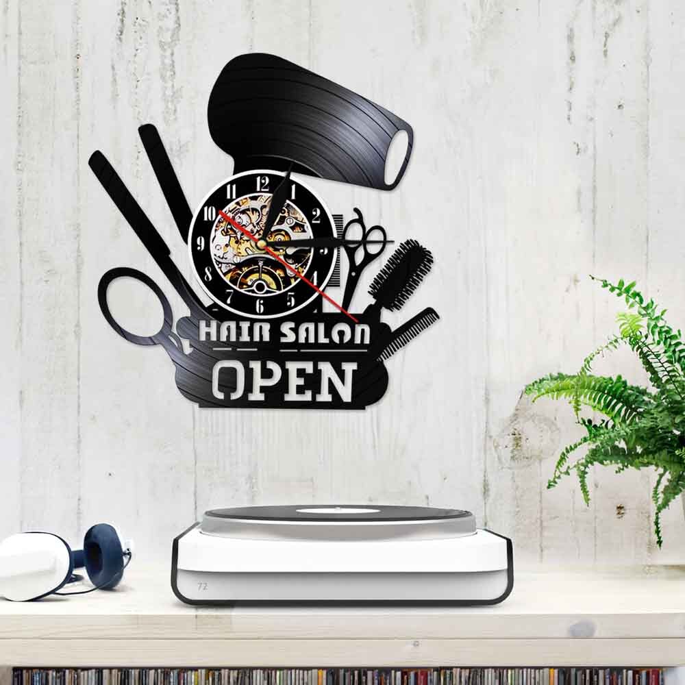 Hair Salon Open Vinyl Record Lamp Night Light Barber Shop LED Wall Clock Comb Scissors Hair Dryer Modern Slient Watch