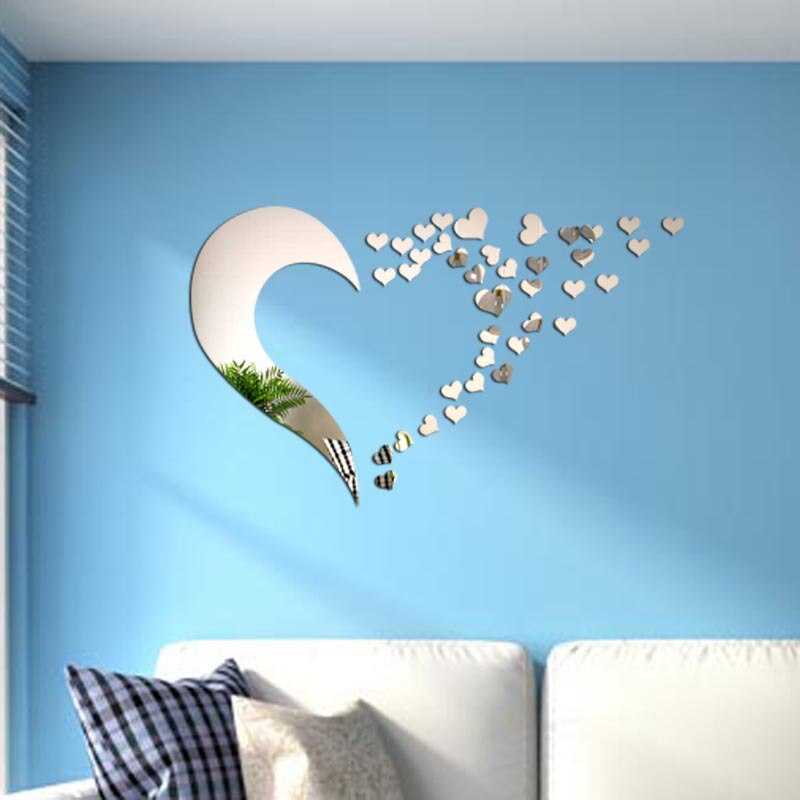 Silver DIY Acrylic Mirror Wall Stickers Love Hearts For Living Room Bedroom Home Decals DIY Acrylic Decoration Wall Stickers: J3967