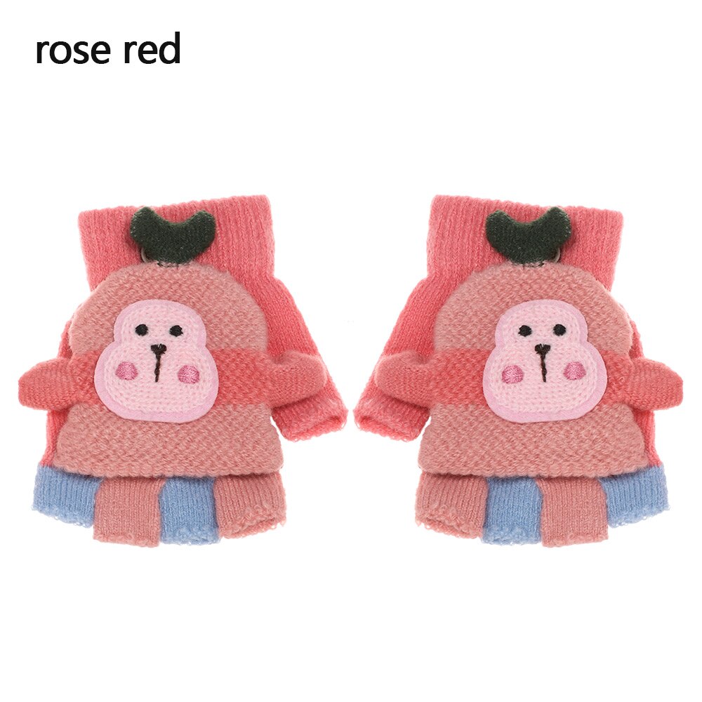 1 par bonito dos desenhos animados crianças luvas de malha meninos meninas inverno quente metade dedo flip superior luvas sem dedos para 3-8 anos de idade: rose red