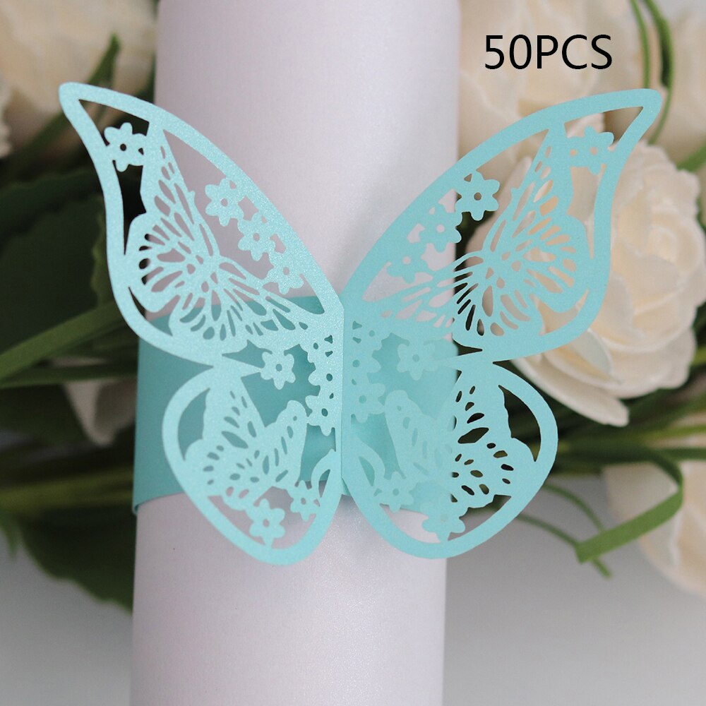 50 Stuks Jaar Hollow Papier Vlinder Servetringen Bruiloften Party Serviette Tafel Decoratie Gunst Voor Kerst: Light Blue