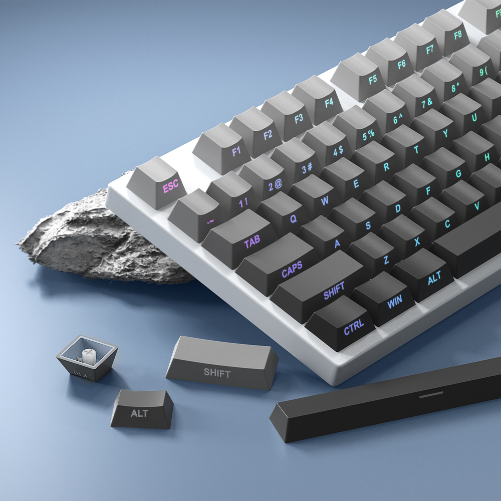 Pbt-materiaalista valmistetut 133 näppäintä, kirsikanväriset harmaat liukuvärjätyt näppäinhatut, sivulta kaiverrettu sublimaatiotekniikka mekaanisille näppäimistön näppäinhatuille