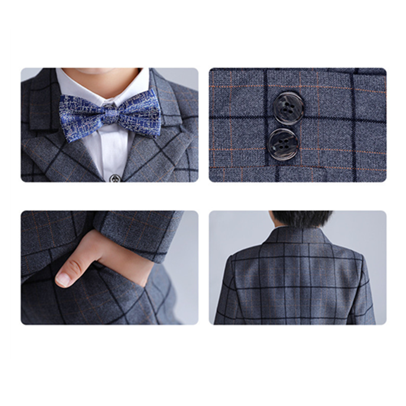 Costume à carreaux pour garçon, costume de smoking formel à Double boutonnage pour enfant, veste de fête, anneau porte-queue, Blazer, pantalon