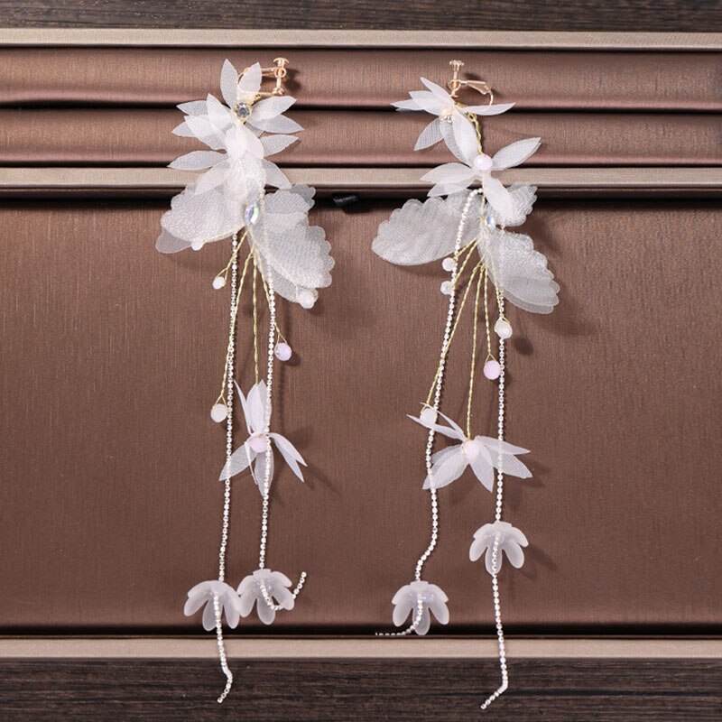 FORSEVEN White Butterfly Flower Beads Long Tassel Headband Earrings Women Headpiece Wedding Accessories Bride Jewelry Sets JL