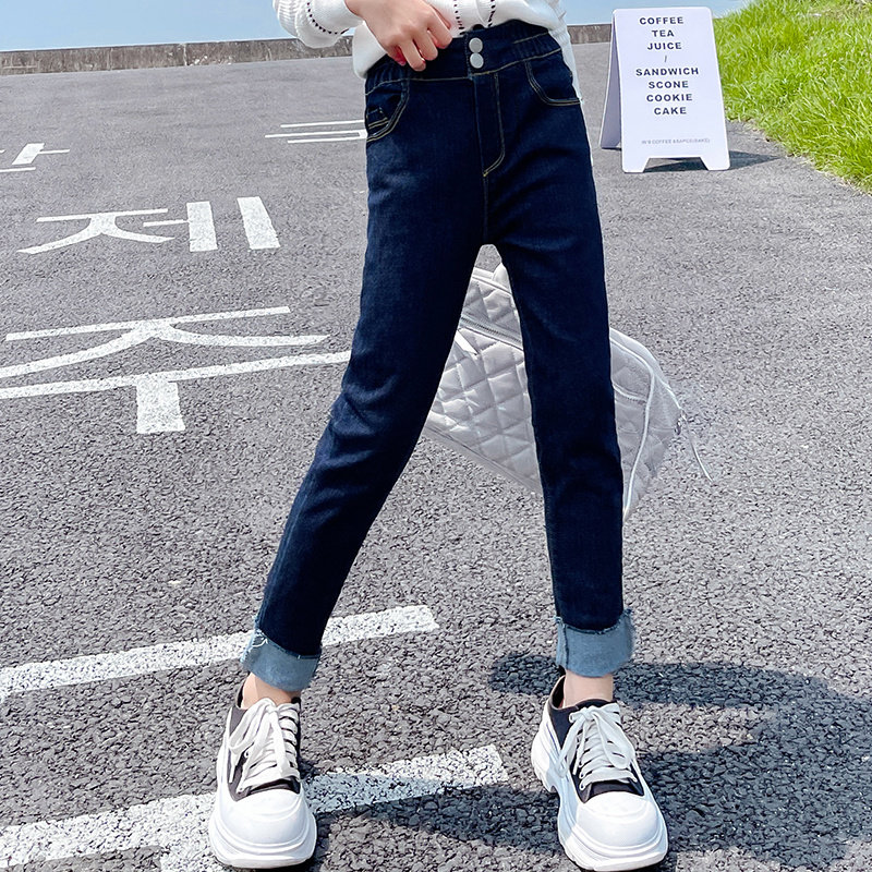 Kids Jeans for Girls Spring Autumn Dark Blue Children Slim Skinny Turnup Pants Casual Trousers Teenager Girls Jeans