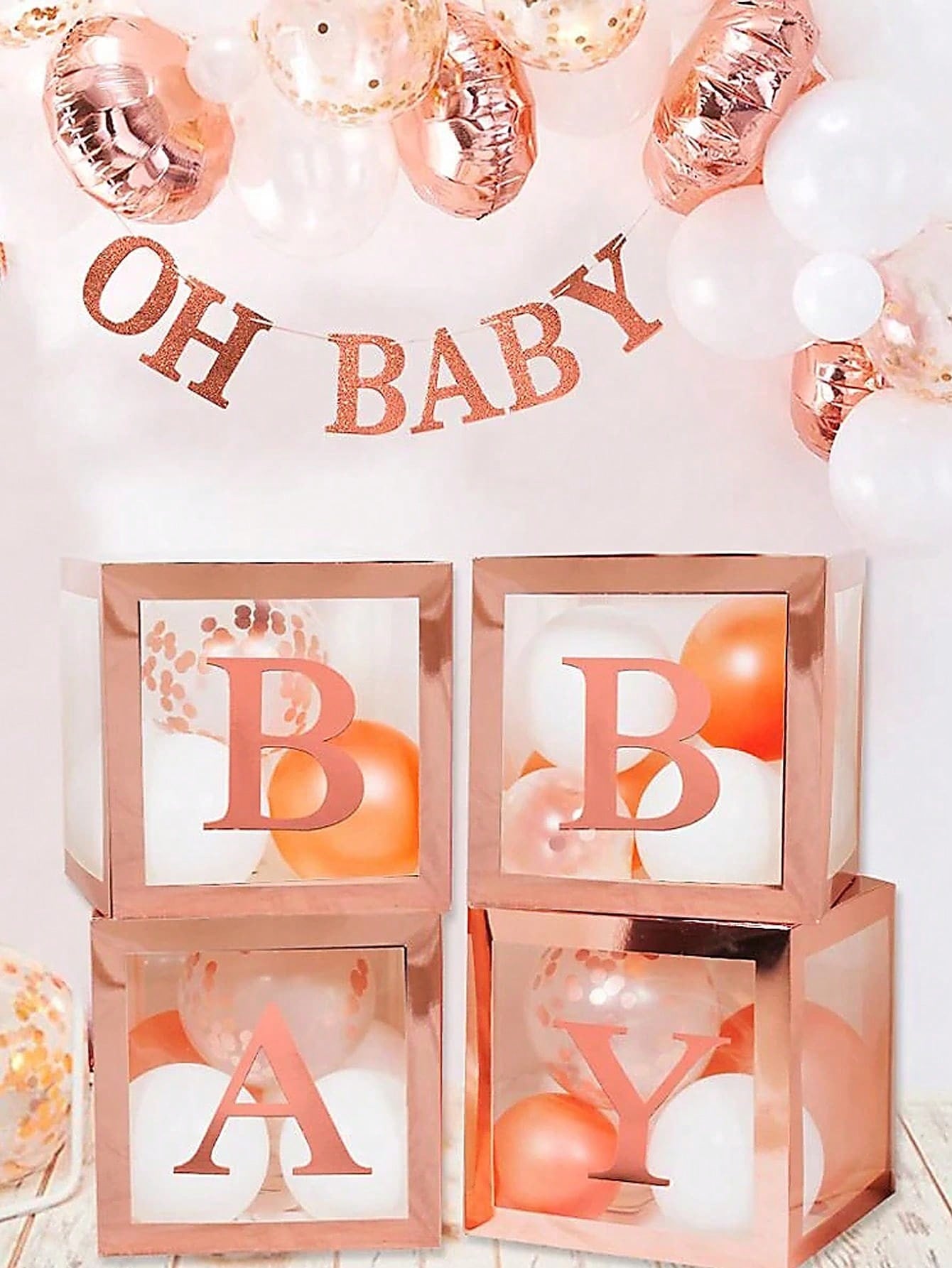 4 babybokser med babyshowerpost, babyshowerpynt for gutter eller jenter, gjennomsiktige ballongbokser, bursdagsfest (uten ballonger): Champagne