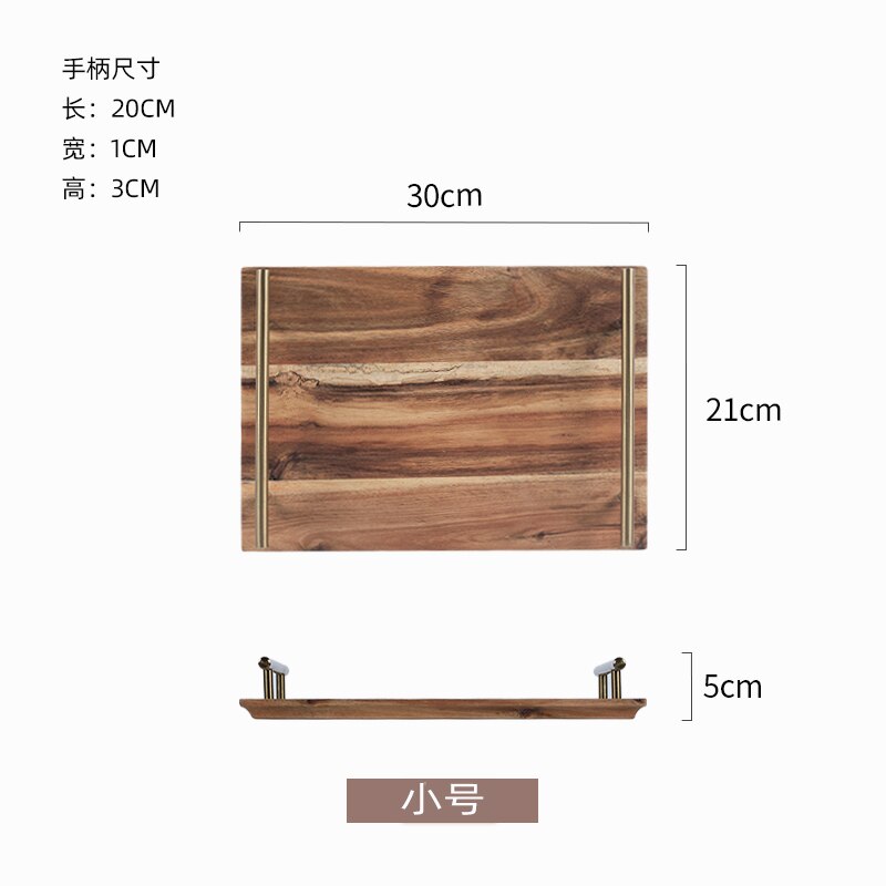 Nordic wooden dinner plate tray living room rectangular acacia wood copper handle tray household tea tray storage tray: 1pcs-S